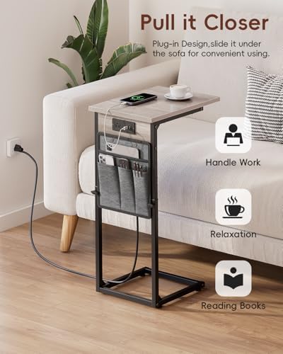 VAGUSICC C Shaped End Table with Charging Station, Adjustable Height Side Table for Couch Recliner, Small Sofa Table with Storage Bag, Slide Under Sofa TV Tray Arm Table for Living Room, Bedroom, Gray - Image 7