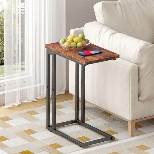 Yusong C Shaped End Table - Slide Under Sofa Couch Bed, Small Table for Small Spaces, Skinny Overbed, Coffee Drink Snack Table for Living Room, Rustic Brown - Image 2