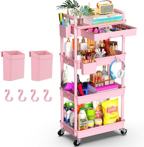 Goovilla 4 Tier Rolling Utility Cart Organizer with Removable Drawer, Pink by Goovilla