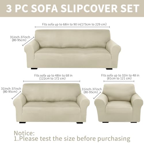 Peryiter 3 Pcs Couch and Loveseat Sofa Covers,Beige,Milk Silk - Image 2