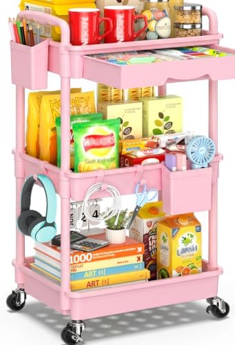 SUNALLY 3 Tier Rolling Cart with Drawer, Craft Storage Cart Organizer, Pink by SUNALLY