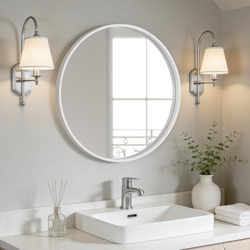 WallBeyond Round Wood Mirror 24 inch Circle Wall Mirror for Bathroom Round Wall Mirror for Wall Decor, Vanity, Entryway Living Room (White) - Image 2