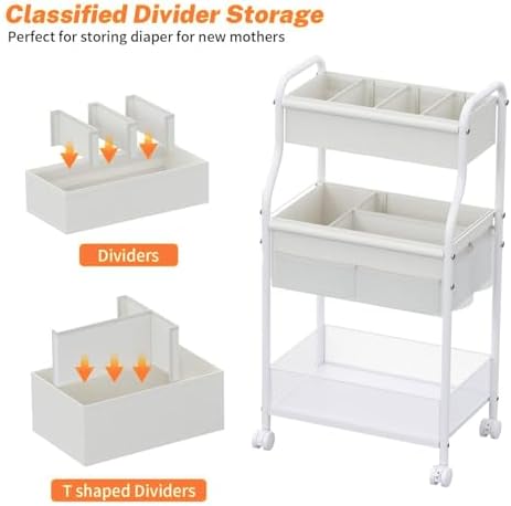 3-Tier Diaper Caddy Organizer & Rolling Cart,Metal Utility Cart with 4+2 Dividers & Lockable Silent Casters, Mobile Storage Cart for Nursery Essentials, Multi-Purpose for Kidsroom Changing Table - Image 3