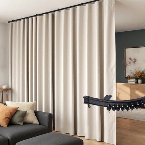 Room Divider Curtains Flexible Ceiling Tracks Set Curtain Track Ceiling Mount Blackout Curtain for Living Room Bedroom Ceiling Curtain Rod Privacy Dividers Panels W150 x H120 Beige Drape & Black Rail by Hoeflife