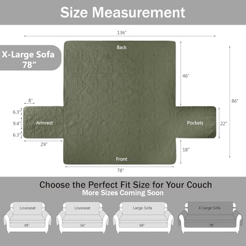 Olive Green Quilted Couch Cover with Pockets for Extra-Large Sofa, Anti-Slip Sofa Covers for Dogs Washable, Pet Friendly Oversized Sofa Cover Water-Repellent (X-Large Sofa 78", Olive Green) - Image 6