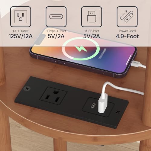 HOOBRO Small Round Side Table with Charging Station, 3-Tier Round Bamboo End Table, Compact Sofa Bedside Table for Small Space, Easy Assembly, for Living Room, Bedroom, Apartment, Walnut WL152UBZ01 - Image 6