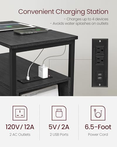 VASAGLE Side End Table with Charging Station, Slim Nightstand with Storage - Image 4