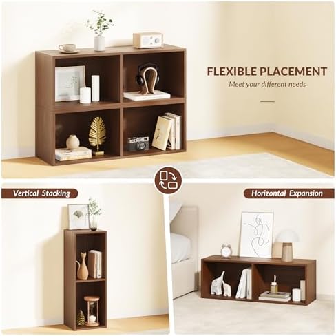 IOTXY DIY Modular Cubby Bookcase - Stackable 2-Cube Open Bookshelf, Walnut - Image 5