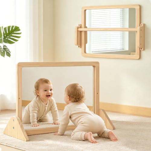 Montessori Mirror with Pull Up Bar, 23.6 x 15.7 in Natural Wood Frame & Shatter-Resistant Acrylic Baby Mirror for Floor and Wall, Tummy Time and Pull-to-Stand Practice by Unknown