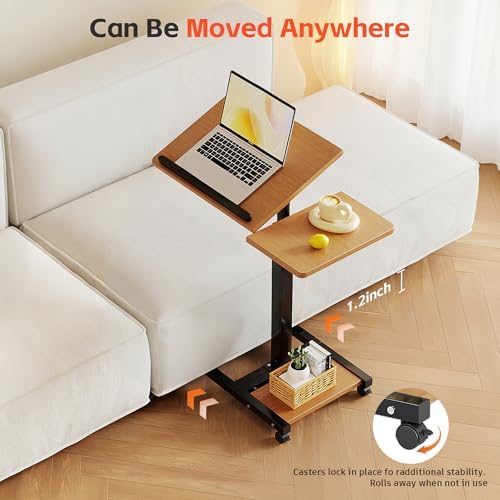 Laptop Desk Stand for Bed Portable Desk Overbed Bedside Mobile Laptop Table Rolling Foldable Table Adjustable Height with Locked Wheels & Mouse Pad for Office Sofa (Natural Color) - Image 3
