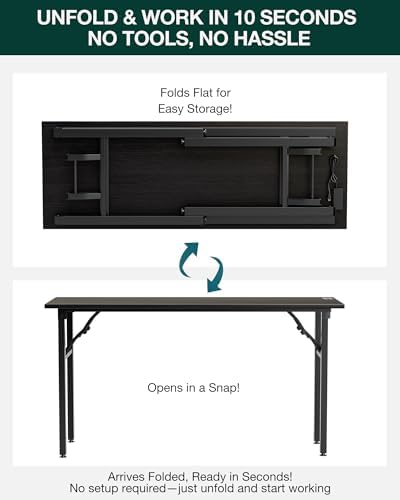 Frylr Small Folding Computer Desk – 55.1 Inch Portable Table for Craft and Study, Lightweight Desk for Small Spaces, Foldable Laptop Table Built-in AC/USB Outlets for Convenience, Dark Oak - Image 3