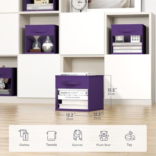DIMJ Cube Bins, 12.2-Inch Storage Bins Cubes with Window, 6 Packs Collapsible Storage Bins with Handles, Closet Storage Baskets for Organizing Living Room, Office, 6 Pack,Purple - Image 2