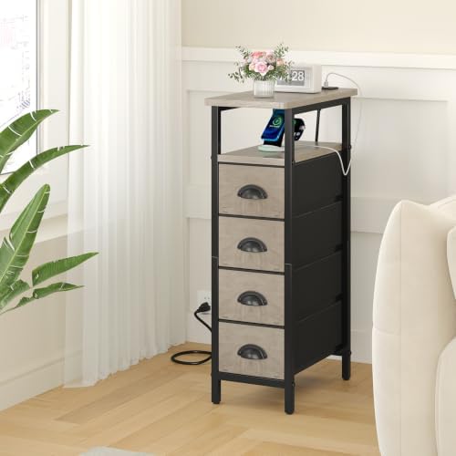 sthmec Side Table with Charging Station, Narrow End Table with 4 Drawers, Small Nightstands with Fabric Drawers,Slim Sofa Couch Side Tables for Small Spaces,Living Room,Bedroom, Grey - Image 2