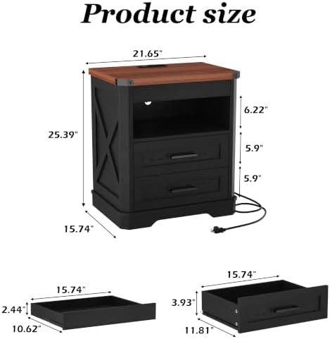 Yusong Farmhouse Night Stand with Gun Drawer & Invisible Lock, Rustic Wooden Night Stand with Charging Station, Beside Table with Drawers and Open Storage, End Tables for Bedroom, Black - Image 2