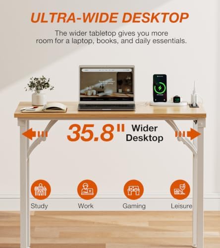 XBurmo Small Folding Desk Folding Table, No Assembly Foldable Desk Gaming Desk, 35.8-Inch Computer Table Workstation with 2 AC Outlets and 2 USB Ports for Bedroom and Home Office, Light Maple - Image 7