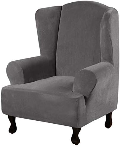 H.VERSAILTEX Wingback Chair Covers Velvet Plush Wing Chair Slipcover 1 Piece High Stretch Wing Back Chair Slipcovers Sofa Cover Furniture Cover with Elastic Bottom, Grey by HVERSAILTEX