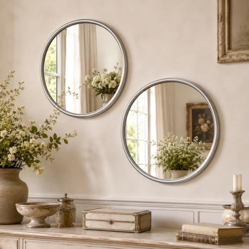 12 Inch Round Glass Mirror Set of 2, Sliver Metal Framed Decorative Mirror for Wall, Non-Distortion Small Rounded Wall Mirror for Entryway, Bathroom, Office by OPULINEA