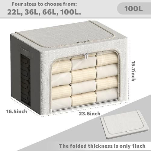 FHSQX 2 Pack Clear Window Storage Bins Large Stackable Linen Fabric Storage for Clothes Foldable Container Organizer Set with Carrying Handles (Lvory White, 23.6x 16.5x 15.7 Inch) - Image 4