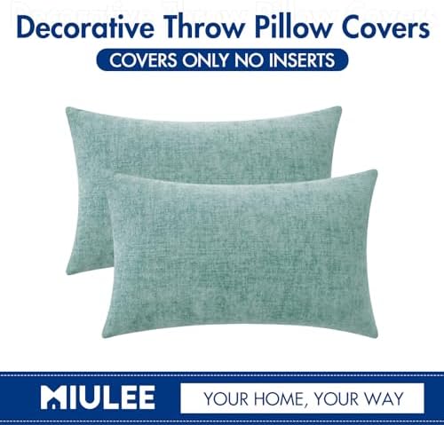 MIULEE Soft Chenille Lumbar Throw Pillow Covers Aqua Green 12x20 Pack of 2 - Image 6