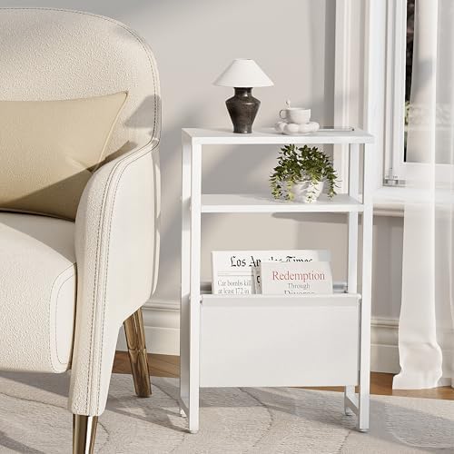 Narrow Side Table, Slim End Table with Magazine Rack, Skinny Bedside Table for Small Spaces, 3 Tier Sofa Couch Table Nightstand for Living Room, Bedroom, White LET503W - Image 6