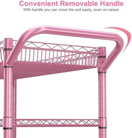 WDT Pink Rolling Utility Cart with Wheels, 990Lbs Heavy Duty Metal Cart with Handle & Shelf Liners, NSF Certified 3-Tier Storage Trolley for Esthetician, Kitchen, Salon & Craft Room, Pink - Image 6