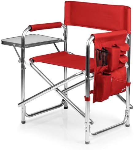 PICNIC TIME Sports Chair with Side Table and Armrest Caddy, Lightweight Aluminum Folding Outdoor Camping Chair for Adults, Portable Director Style Lawn Seating with Pockets & Carry Strap, (Red) by PicnicTimeFamilyofBrands