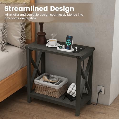Hadulcet Farmhouse End Tables Living Room Set of 2 - Narrow Side Table with Charging Station, Slim Nightstand for Small Space, Skinny Bedside Table, Sofa Side Table with Storage Shelf, Black - Image 6