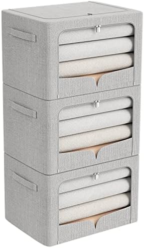 FHSQX 3 Pack Clothes Storage Bins - Foldable Metal Frame Storage Box - Stackable Linen Fabric Container Organizer Set with Carrying Handles and Clear Window (Light Gray, 19.7x15.7x13inch(66L)) by FHSQX