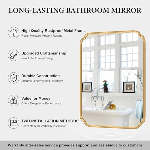 Ferytange 30" x 40" Gold Bathroom Mirror for Over Sink, Modern Rounded Corner Rectangle Wall Mirror for Bathroom Vanity Decorative with Non-Rusting Iron Metal Framed (Horizontal/Vertical) - Image 5
