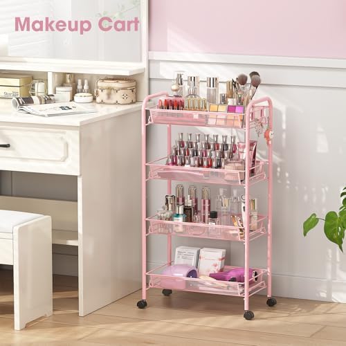 TOOLF 4 Tier Rolling Cart, Metal Utility Storage Cart with Wheels, Pink | 3 Hooks, Screwless Assembly, Trolley Organizer for Bathroom, Kitchen, Office, Nursery, Dorm, Laundry Room - Image 2