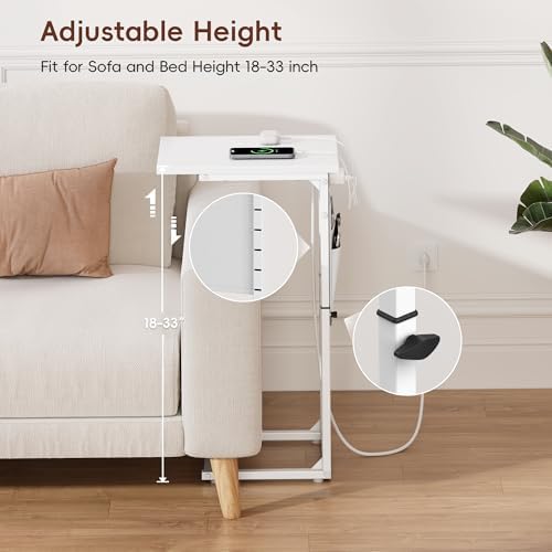 Vagusicc C Shaped End Table with Charging Station, Adjustable Height Side Table for Couch, Small Sofa Table for Small Spaces, Slide Under Sofa Table TV Tray Arm Tables for Living Room, Bedroom, White - Image 5