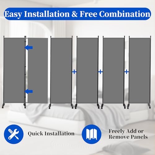 Room Divider 6FT 6 Panel Folding Room Partition with Lockable Wheels,Grey - Image 3
