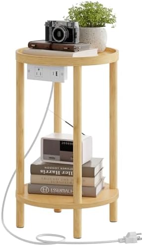 HOOBRO Small Round Side Table with Charging Station, 2-Tier Round Bamboo End Table, Compact Sofa Bedside Table for Small Space, Easy Assembly, for Living Room, Bedroom, Apartment, Natural YL156UBZ01 by HOOBRO