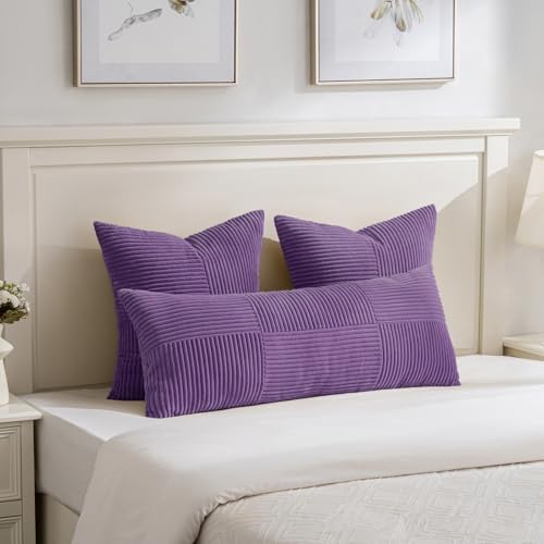 Fancy Homi Set of 2, Purple Patchwork Corduroy Decorative Soft Striped Modern Accent Cushion Case Farmhouse Boho Neutral Throw Pillow Covers for Chair Couch Bed Sofa Living Room 36x14 Inch - Image 2