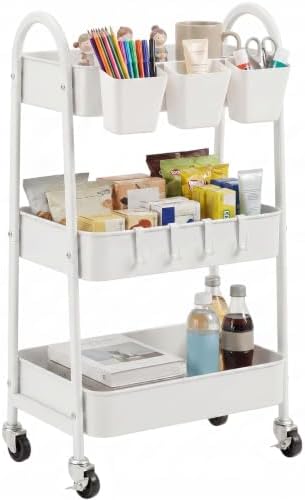 danpinera 3-Tier Rolling Cart, Utility Cart Mobile Metal Rolling Storage Cart with Lockable Wheels & Hanging Cups & Hooks for Kitchen, Bathroom, Office, Workshop, White by danpinera