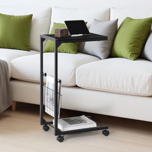 C Shaped End Table Small Side Table with Wheels Slide Under Couch Table for Sofa Adjustable Height C Table with Metal Frame for Living Room Bedroom Bedside, Black - Image 6