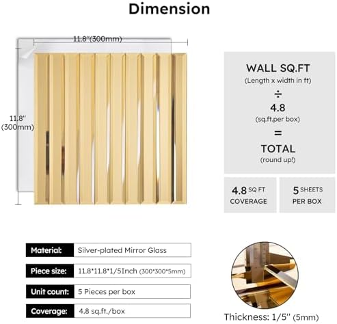Diflart Peel and Stick Mirror Backsplash Tile, Gold, 11.8 x 11.8 Inch, Beveled Mirror Strip Tile for Kitchen Bathroom Bar Accent Wall, Pack of 5 Sheets - Image 3