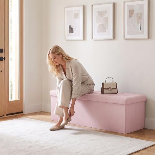 OLIXIS 43 Inch Folding Storage Ottoman Bench, Pink Ottoman with Storage - Image 2
