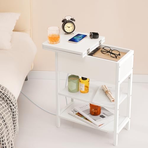 Yoobure End Table with Charging Station, Flip Top Side Table with USB Ports and Outlets, Sofa Couch Table Bedside Table for Living Room Bedroom, Narrow Nightstand with Storage Shelves for Small Spaces - Image 4