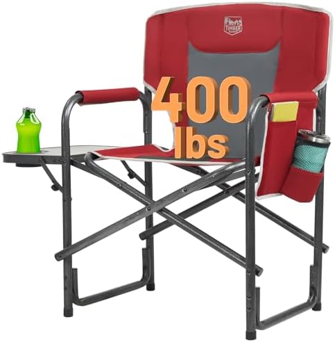 Timber Ridge Aluminum Oversized Camping Chair, Lightweight Portable Directors Chair with Side Table Detachable Side Pocket for Outdoor Camping, Lawn, Picnic, Support 400lbs Red by TIMBERRIDGE