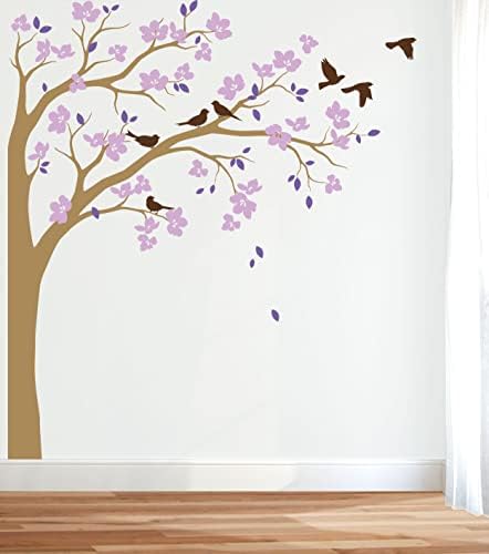 Large Corner Tree Wall Decal with Big Blossoms, Birds and Leaves Nursery Wall Art Sticker Mural 087 (Leaning Right, Light Brown; Lavender; Lilac; Brown) by StudioQueeWallDecals