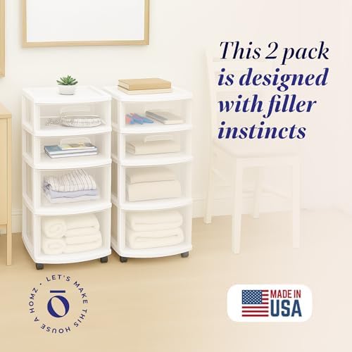 HOMZ Drawer Tower, 4-Tier Storage Cart with Removable Wheels, White, 2 Pack - Image 3