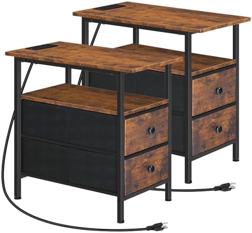 HOOBRO End Table with Charging Station, Set of 2 Narrow Side Tables, Nightstand with 2 Non-Woven Drawers, Slim Sofa Table, for Small Spaces, Living Room, Bedroom, Rustic Brown and Black BF486UBZP201 by HOOBRO