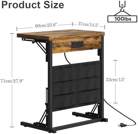 Foldable C-Shaped Table with Charging Station, Folding TV Tray End Table for Small Space, Portable Side Table for Couch, C Table with Storage Bag for Sofa Living Room, Bedroom Rustic Brown SC-005R - Image 3