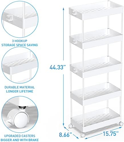 SPACEKEEPER 5 Tier Storage Rolling Cart, Bathroom Cart with Wheels, White - Image 2