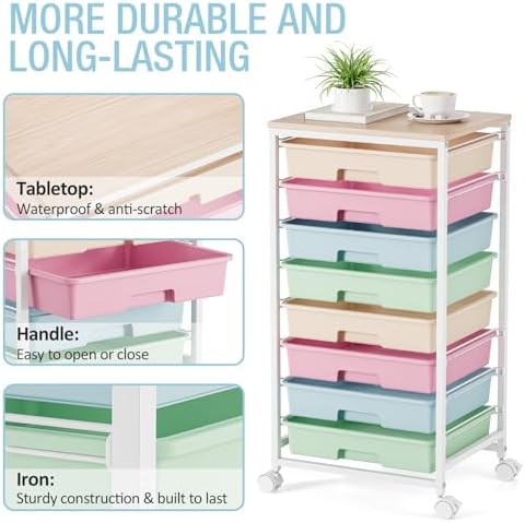 Rolling Storage Cart, Rainbow Cart with 8 Drawers and Wooden Tabletop, Teacher Organization for Classroom, Art Cart for Classroom,Office,Bedroom,Rainbow - Image 5
