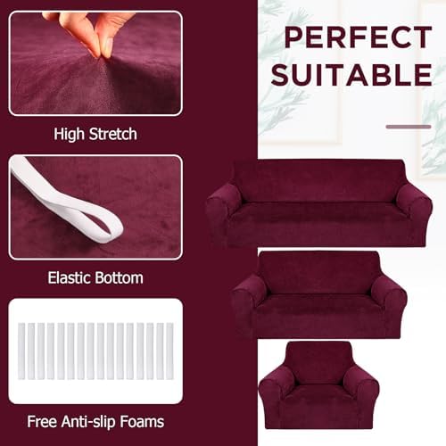 Peryiter 3 Pcs Couch and Loveseat Sofa Covers,Burgundy,Velvet - Image 3