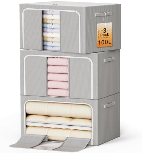 Clothes Storage Bins with Metal Frame Foldable Storage Box Clothes Organizers Storage Containers for Clothes Sheets Blankets Books Toys Gifts and Holiday Decorations (100Lx3 Pack) by LeArex