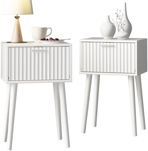 LAATOOREE Nightstands Set of 2, Small Bed Side Table with Fluted Door by LAATOOREE