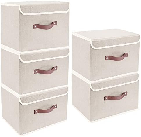 TYEERS Foldable Storage Boxes with Lids 5 Pack Fabric Storage Bins with Lids, Closet Organizers for Clothes Storage, Room Organization, Office Storage, Toys - Beige by StorageOrganization